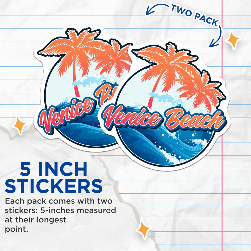 (2 Pack) Venice Beach Stickers - California Surfing - Palm Tree Decal - 5" On Longest Side - Sticks to Smooth Flat Surfaces - Made in USA - BMCS18398