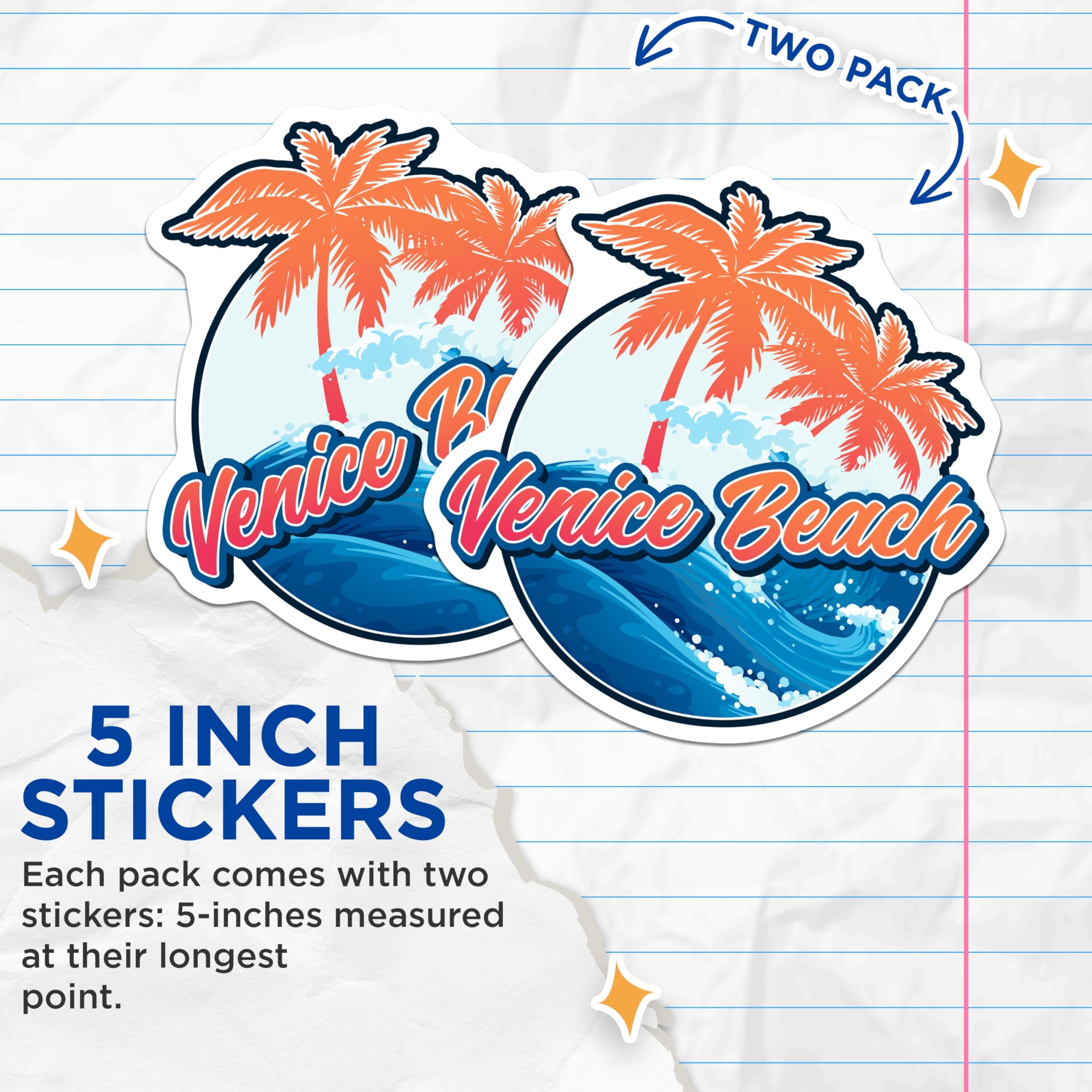(2 Pack) Venice Beach Stickers - California Surfing - Palm Tree Decal - 5" On Longest Side - Sticks to Smooth Flat Surfaces - Made in USA - BMCS18398