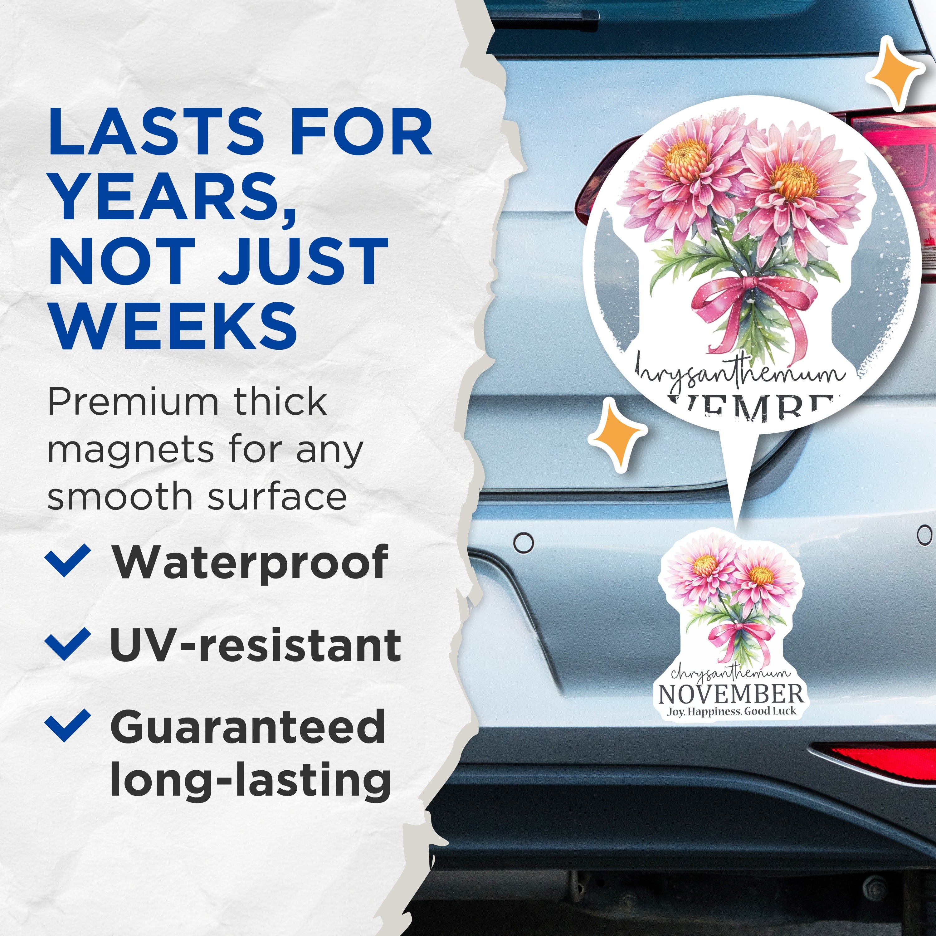 (2 Pack) November Birth Flower Magnets - Chrysanthemum Floral Art - Elegant Home Decor for November Birthday - 5 Inches On Longest Side - Thick Durable Magnet - Made in USA - MAG39273