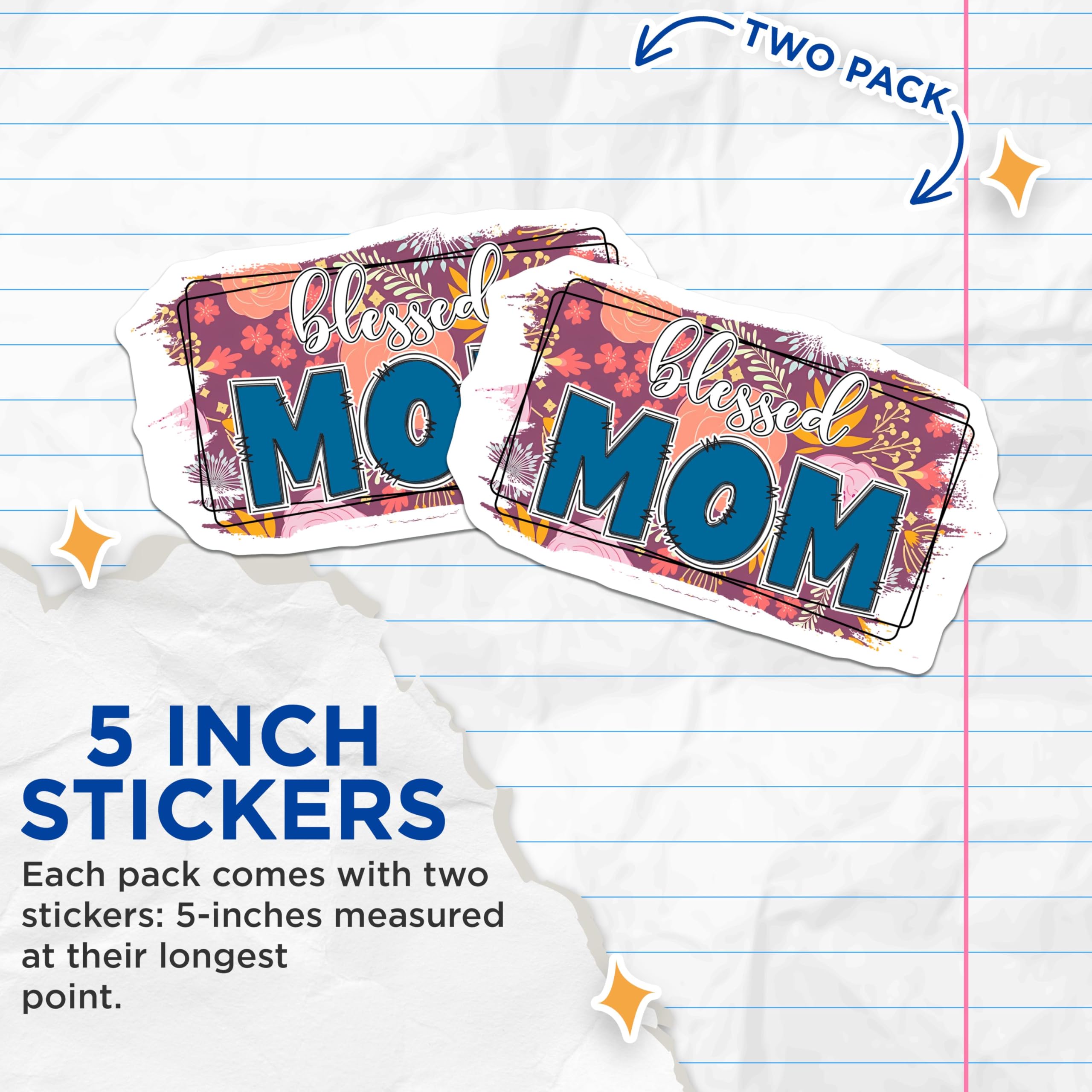 (2 Pack) Blessed Mom Stickers - Floral Design - Inspirational Quote - 5" On Longest Side - Sticks to Smooth Flat Surfaces - Made in USA - BMCS8456