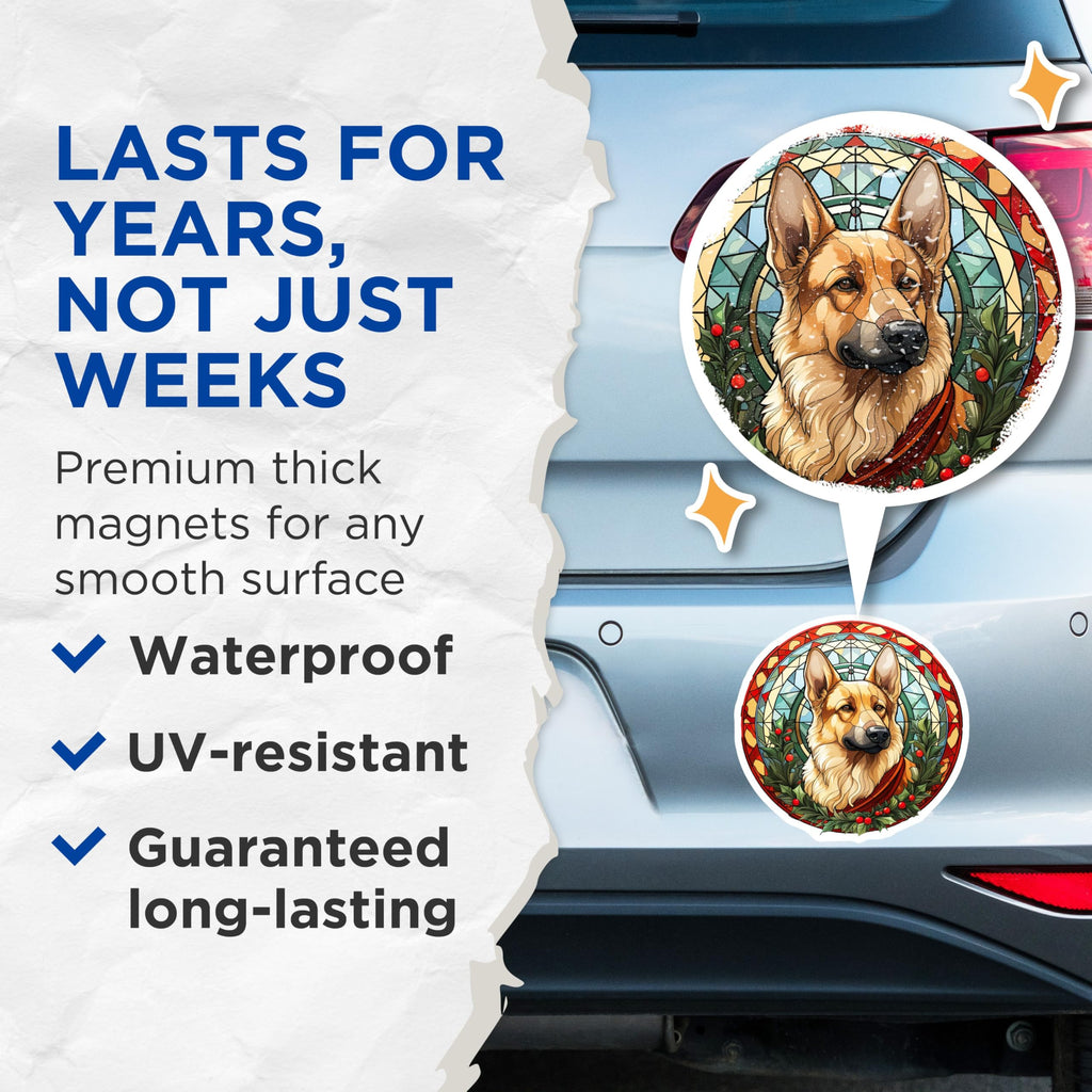(2 Pack) German Shepherd Magnets - Stained Glass Holiday Decor - Festive Dog Art - 5 Inches On Longest Side - Thick Durable Magnet - Made in USA - MAG29216