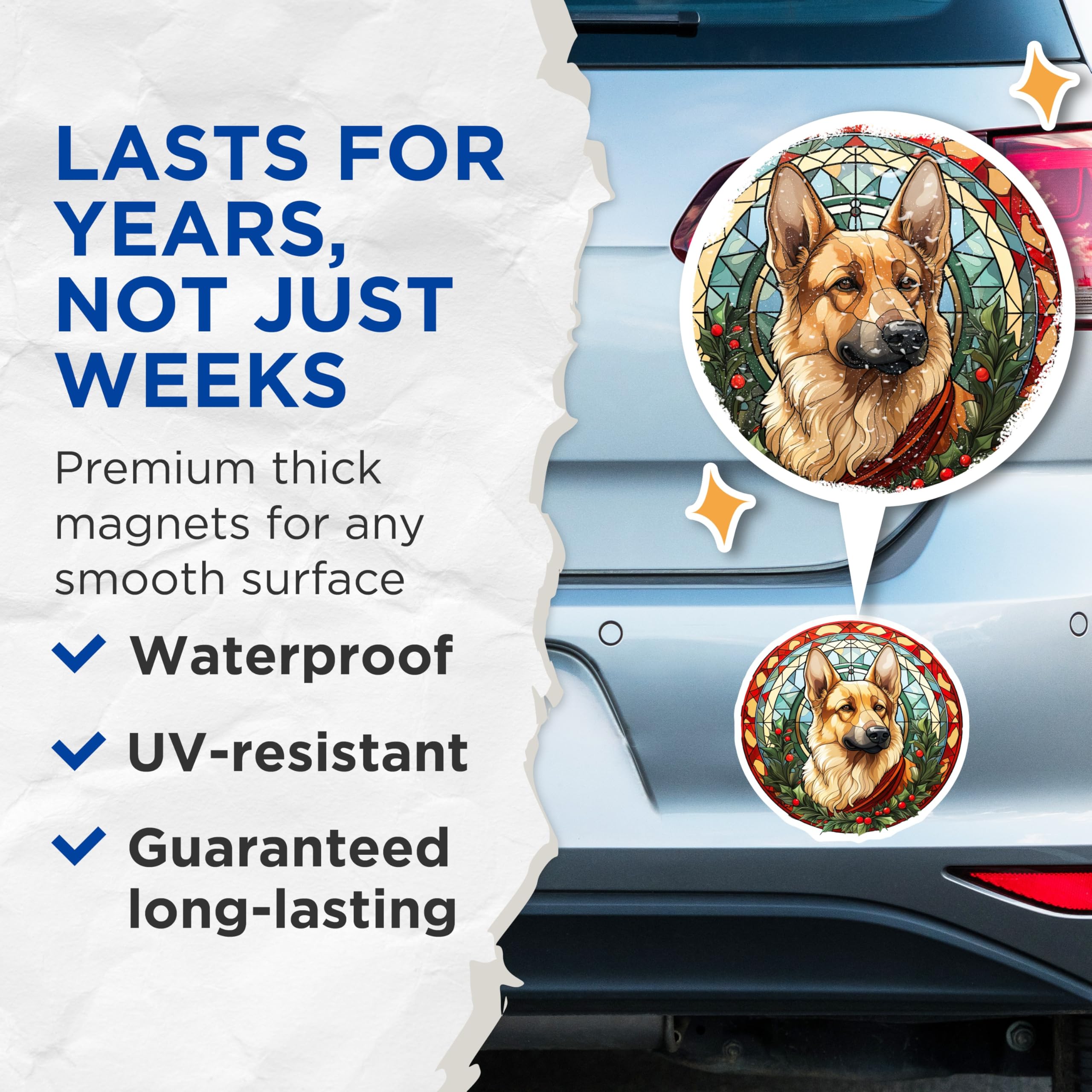 (2 Pack) German Shepherd Magnets - Stained Glass Holiday Decor - Festive Dog Art - 5 Inches On Longest Side - Thick Durable Magnet - Made in USA - MAG29216