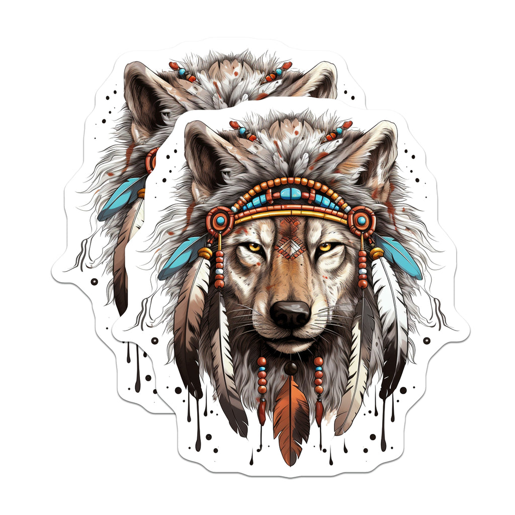 (2 Pack) Tribal Wolf Head Magnets - Boho Spirit Animal Decor - Mystical Feathered Fridge Magnet Set - 5 Inches On Longest Side - Thick Durable Magnet - Made in USA - MAG39924