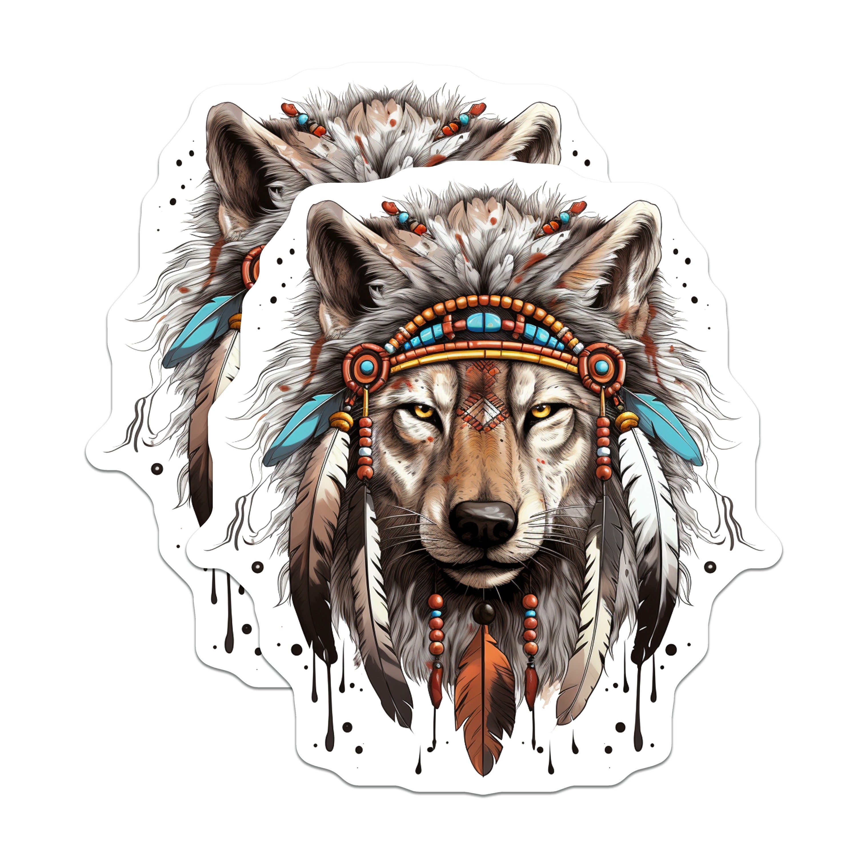 (2 Pack) Tribal Wolf Head Magnets - Boho Spirit Animal Decor - Mystical Feathered Fridge Magnet Set - 5 Inches On Longest Side - Thick Durable Magnet - Made in USA - MAG39924