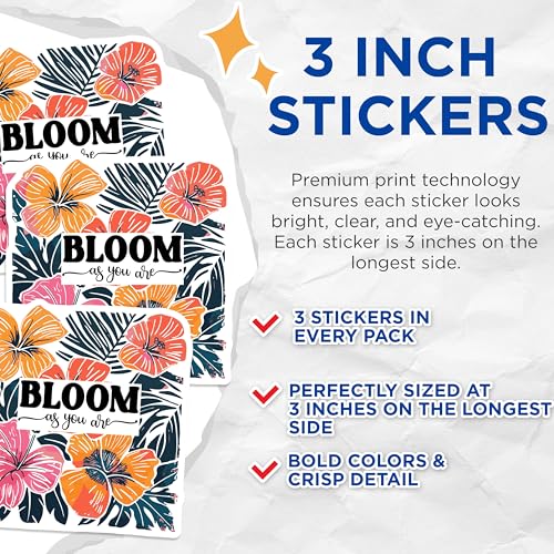 (3 Pack) Floral Decals - Hibiscus Flower Decals - Bloom As You are Stickers - 3 Inches On Longest Side - Easy Peel & Apply - Made in USA - 3MCS2640