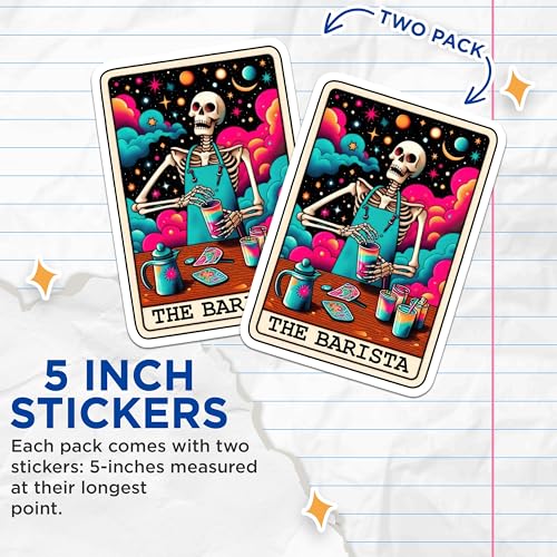 (2 Pack) Skeleton Barista Stickers - Coffee Lover Stickers - Colorful Art Stickers - 5" On Longest Side - Sticks to Smooth Flat Surfaces - Made in USA - BMCS5353