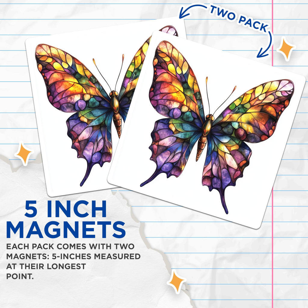 (2 Pack) Stained Glass Butterfly Magnets - Colorful Fridge Decor - Boho Insect Art - 5 Inches On Longest Side - Thick Durable Magnet - Made in USA - MAG30978