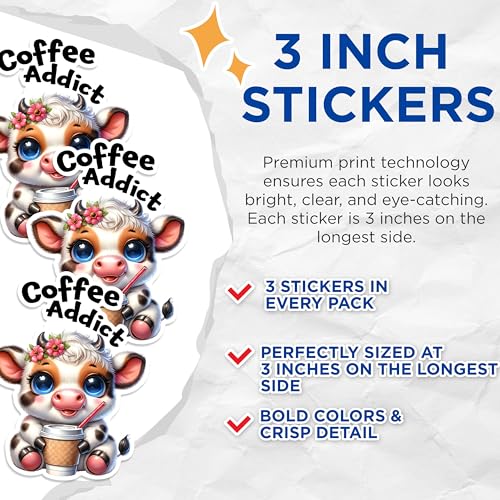 (3 Pack) Coffee Addict Cow Decals - Cute Animal Stickers - Laptop Decals - 3 Inches On Longest Side - Easy Peel & Apply - Made in USA - 3MCS1718