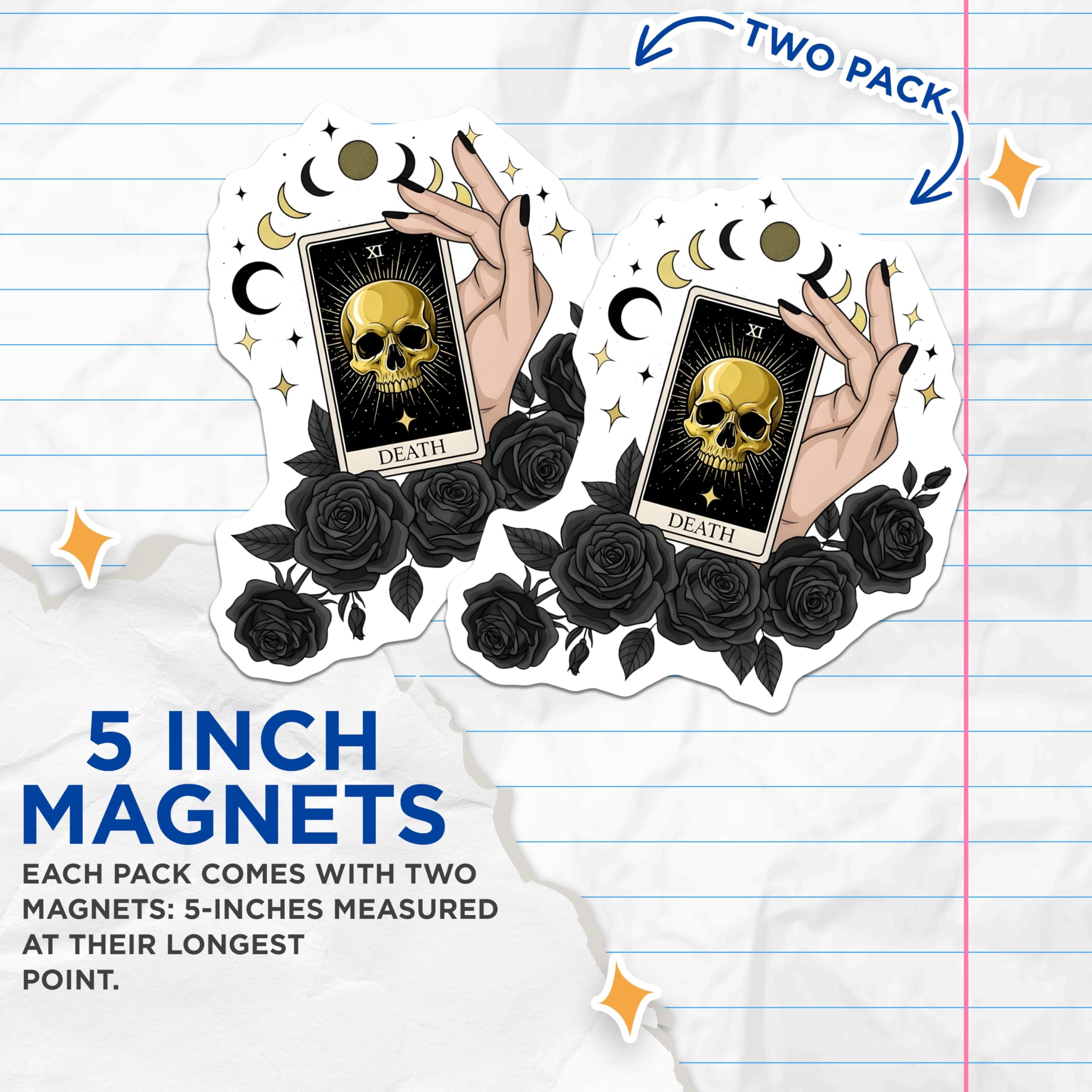 (2 Pack) Death Tarot Card Magnets - Golden Skull Occult Hand Art - Celestial Moon Star Witchy Goth Rose Fridge Accessories - 5 Inches On Longest Side - Thick Durable Magnet - Made in USA - MAG19286