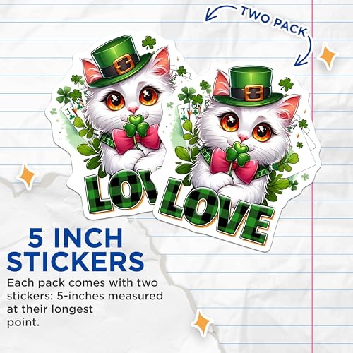 (2 Pack) St. Patrick's Day Cat Stickers - Cute Irish Love Clover - 5" On Longest Side - Sticks to Smooth Flat Surfaces - Made in USA - BMCS8106