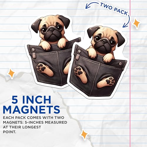 (2 Pack) Cute Pug Magnets - Dog Refrigerator ation - Pet Lover Magnets - 5" On Longest Side - for Cars, Fridges, Toolboxes - Made in USA - MAG4395