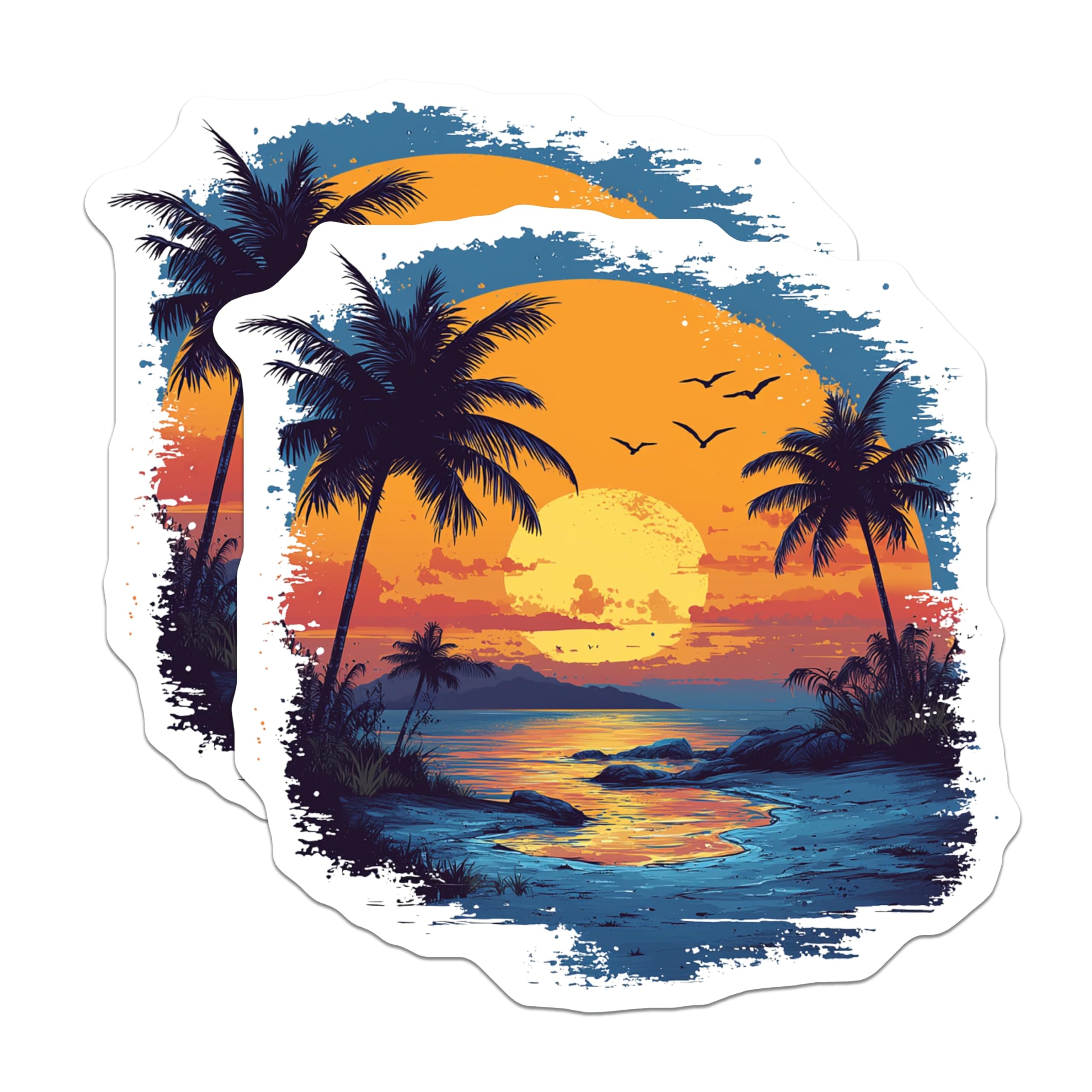 (2 Pack) Vibrant Tropical Sunset Magnets - Beach House Decor - Palm Tree Ocean View Fridge - 5 Inches On Longest Side - Thick Durable Magnet - Made in USA - MAG28896