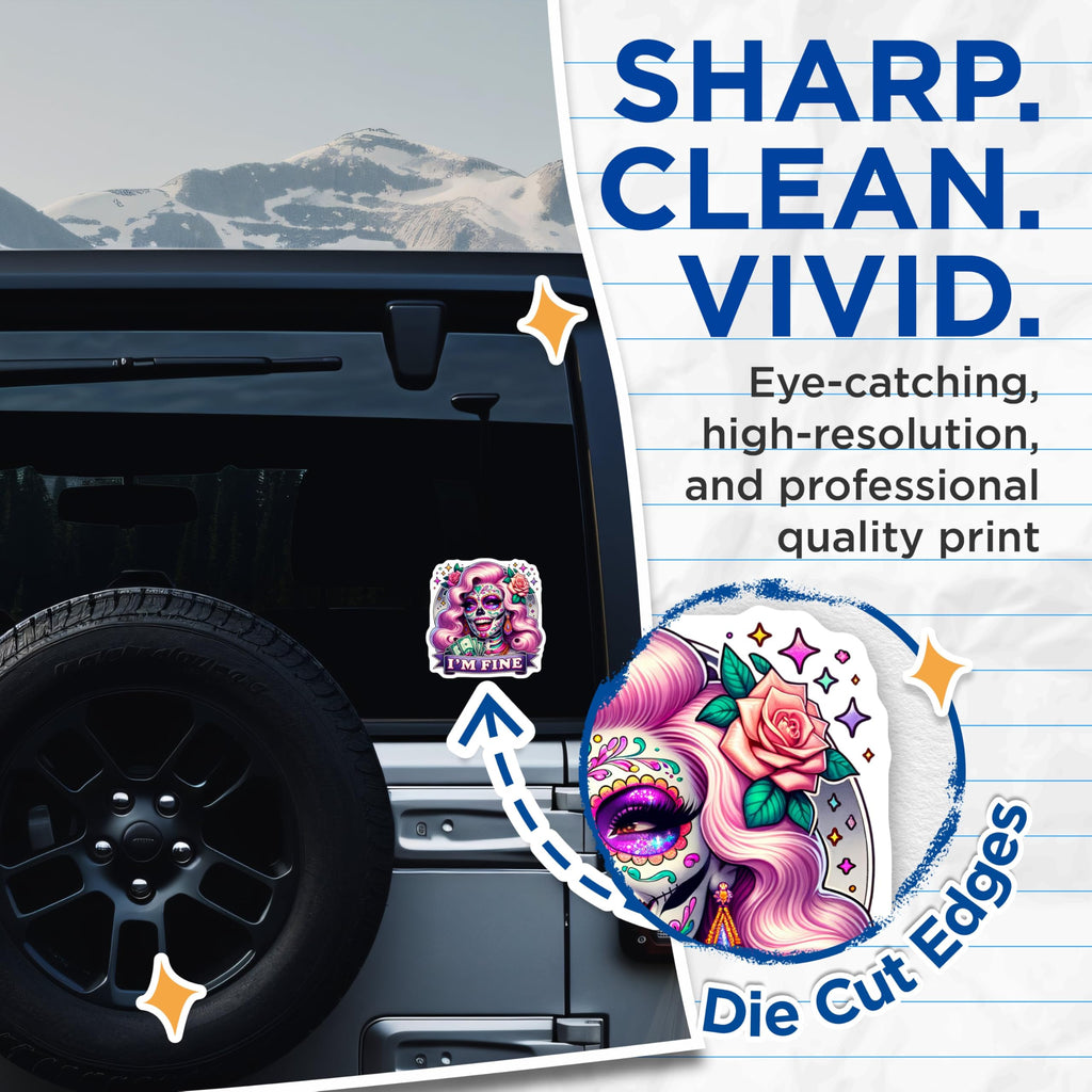 (2 Pack) Day of The Dead Stickers - Sugar Skull Art Stickers - Colorful Skull Stickers Collection - 5" On Longest Side - Sticks to Smooth Flat Surfaces - Made in USA - BMCS5102