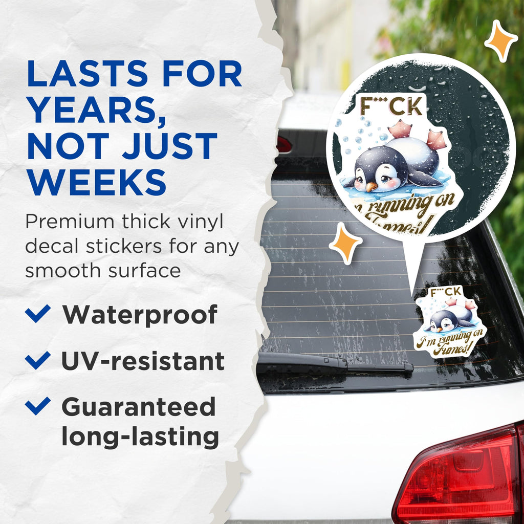 (2 Pack) Penguin Funny Stickers - I'm Running on Fumes Decal - Cute Exhausted Animal Humor Sticker - 5" On Longest Side - Sticks to Smooth Flat Surfaces - Made in USA - BMCS6621