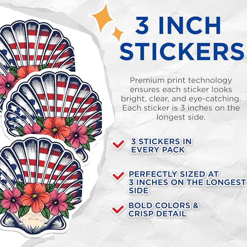 (3 Pack) Patriotic Shell Decals - American Flag - Floral Beach Decal - 3 Inches On Longest Side - Easy Peel & Apply - Made in USA - 3MCS7752