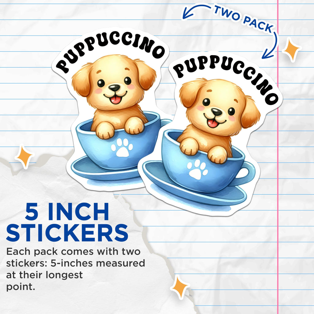 (2 Pack) Cute Dog Stickers - Puppuccino Stickers - Adorable Puppy Coffee Cup Design - 5" On Longest Side - Sticks to Any Smooth Flat Surface - Made in USA - BMCS3295