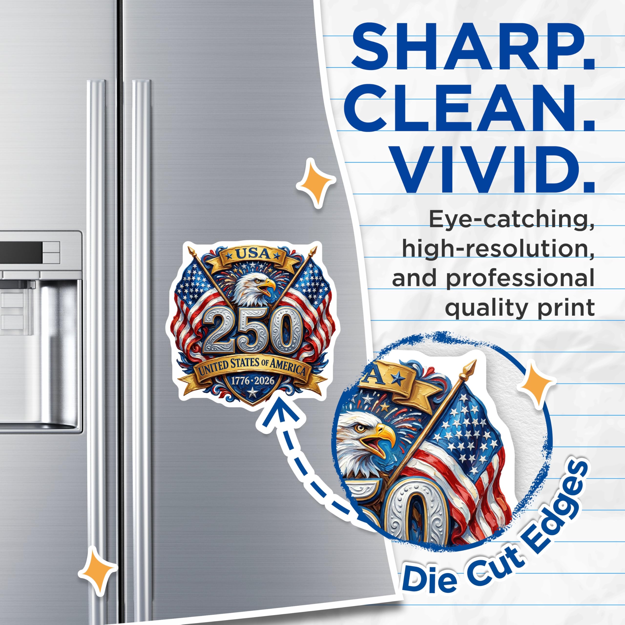 (2 Pack) USA 250th Anniversary Magnets - American Flag Eagle - Patriotic Commemorative Decor - 5 Inches On Longest Side - Thick Durable Magnet - Made in USA - MAG30066