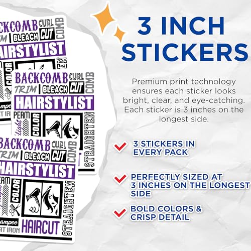 (3 Pack) Hair Stylist Decals - Salon Decor - Hairdresser Laptop Decal - 3 Inches On Longest Side - Easy Peel & Apply - Made in USA - 3MCS4296