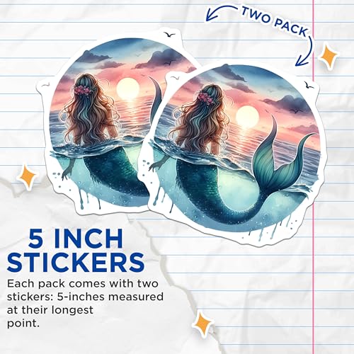 (2 Pack) Mermaid Sunset Stickers - Ocean Fantasy - Beach Scene Art - 5" On Longest Side - Sticks to Smooth Flat Surfaces - Made in USA - BMCS9296