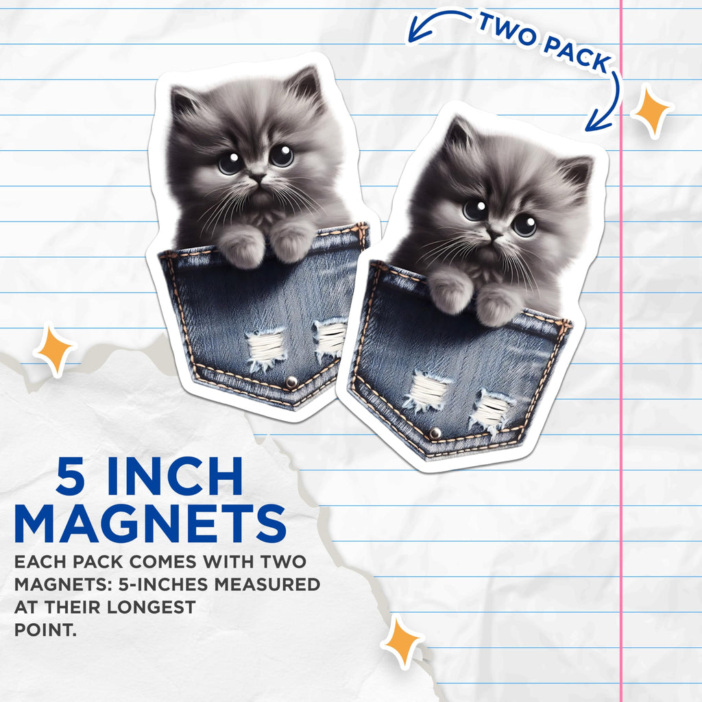 (2 Pack) Cute Kitten Magnets - Pocket Cat Design - Fridge Locker Magnets - 5" On Longest Side - Premium Magnet - for Cars, Refrigerators, Toolboxes, Lockers - Made in USA - MAG16186