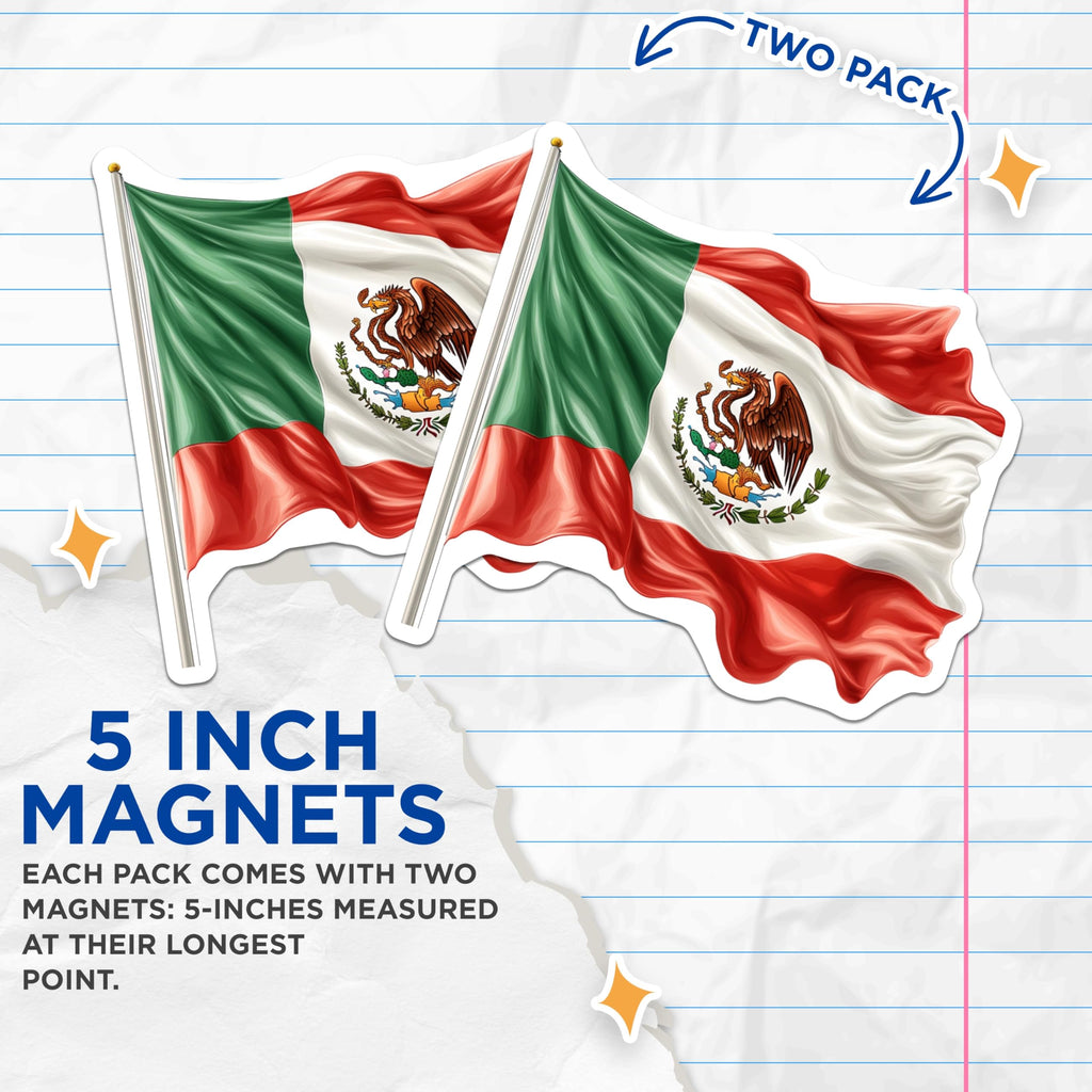 (2 Pack) Mexican Flag Magnets - National Emblem - Patriotic Heritage - 5 Inches On Longest Side - Thick Durable Magnet - Made in USA - MAG24818