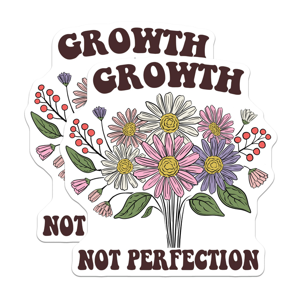 (2 Pack) Growth Not Perfection Stickers - Floral Stickers - Inspirational Quote Sticker - 5" On Longest Side - Sticks to Smooth Flat Surfaces - Made in USA - BMCS18192