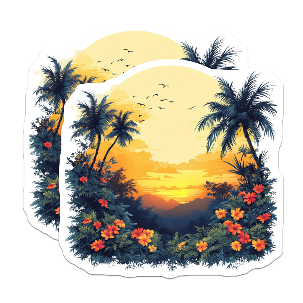 (2 Pack) Tropical Sunset Magnets - Palm Tree Beach Landscape - Exotic Island Flowers Birds - Vibrant Horizon Scenery - 5 Inches On Longest Side - Thick Durable Magnet - Made in USA - MAG24568