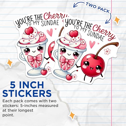 (2 Pack) Adorable Cherry Sundae Stickers - Cute Dessert Stickers - Kawaii Sweets Stickers - 5" On Longest Side - Sticks to Any Smooth Flat Surface - Made in USA - BMCS3393