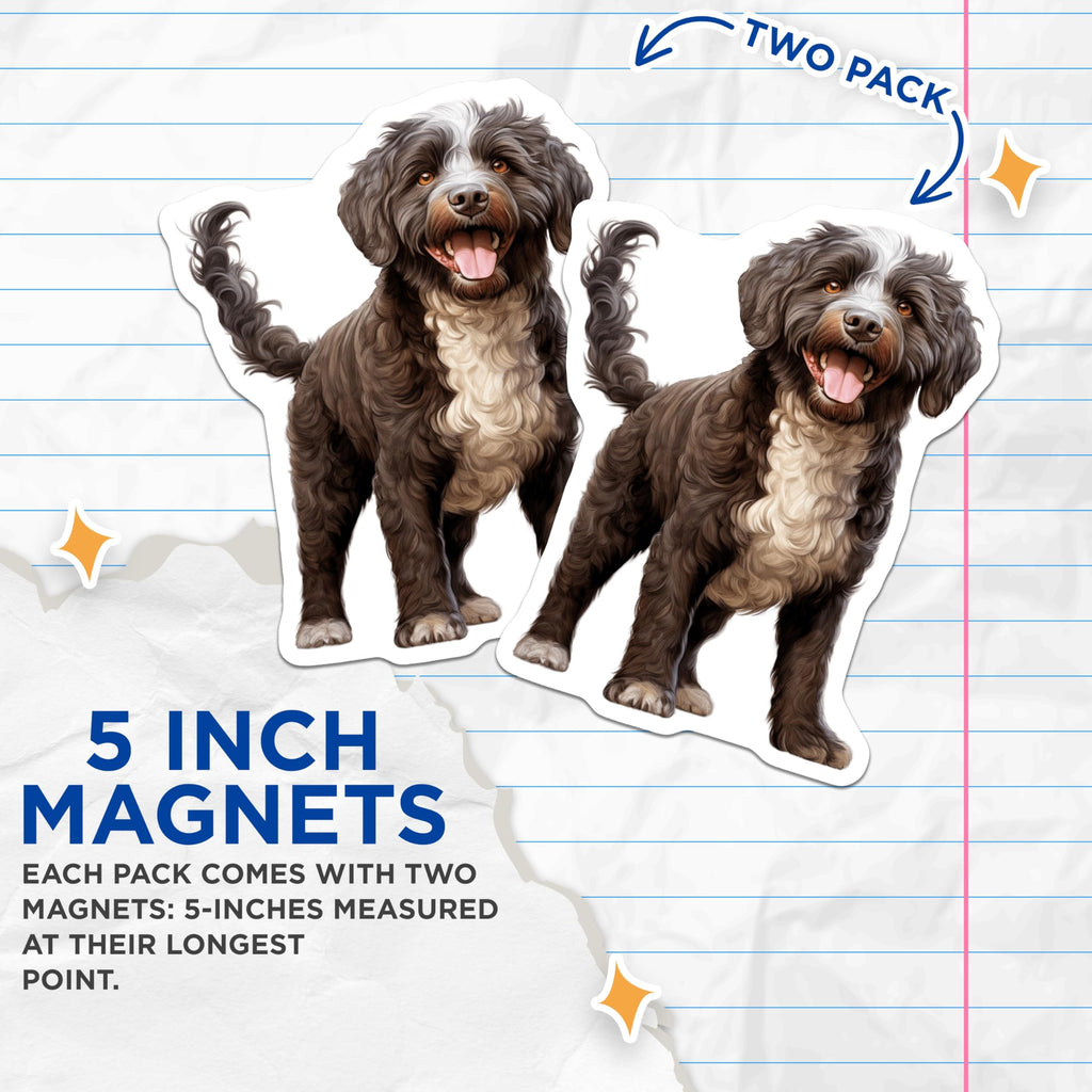 (2 Pack) Portuguese Water Dog Magnets - Curly Brown Dog Lover Decor - Happy Pet Refrigerator Art - 5 Inches On Longest Side - Thick Durable Magnet - Made in USA - MAG29958