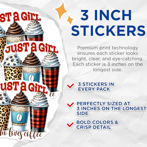 (3 Pack) Coffee Lover Decals - Just A Girl - Beverage Stickers - 3 Inches On Longest Side - Easy Peel & Apply - Made in USA - 3MCS6299