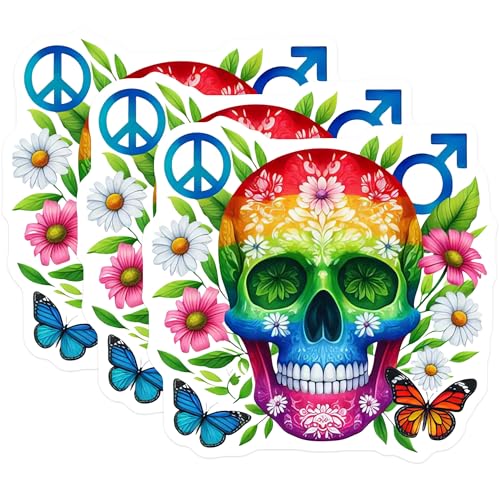 (3 Pack) Rainbow Skull Decals - Peace Sign Stickers - Male Symbol Laptop Decals- 3 Inches On Longest Side - Easy Peel & Apply - Made in USA - 3MCS5217