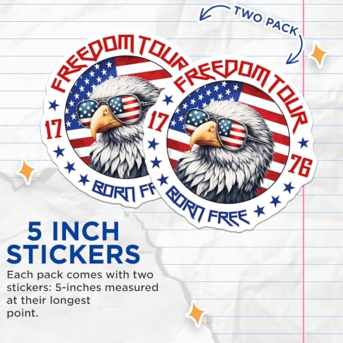 (2 Pack) Freedom Tour Stickers - Born Free - Patriotic Eagle Decals - 5" On Longest Side - Sticks to Smooth Flat Surfaces - Made in USA - BMCS7401
