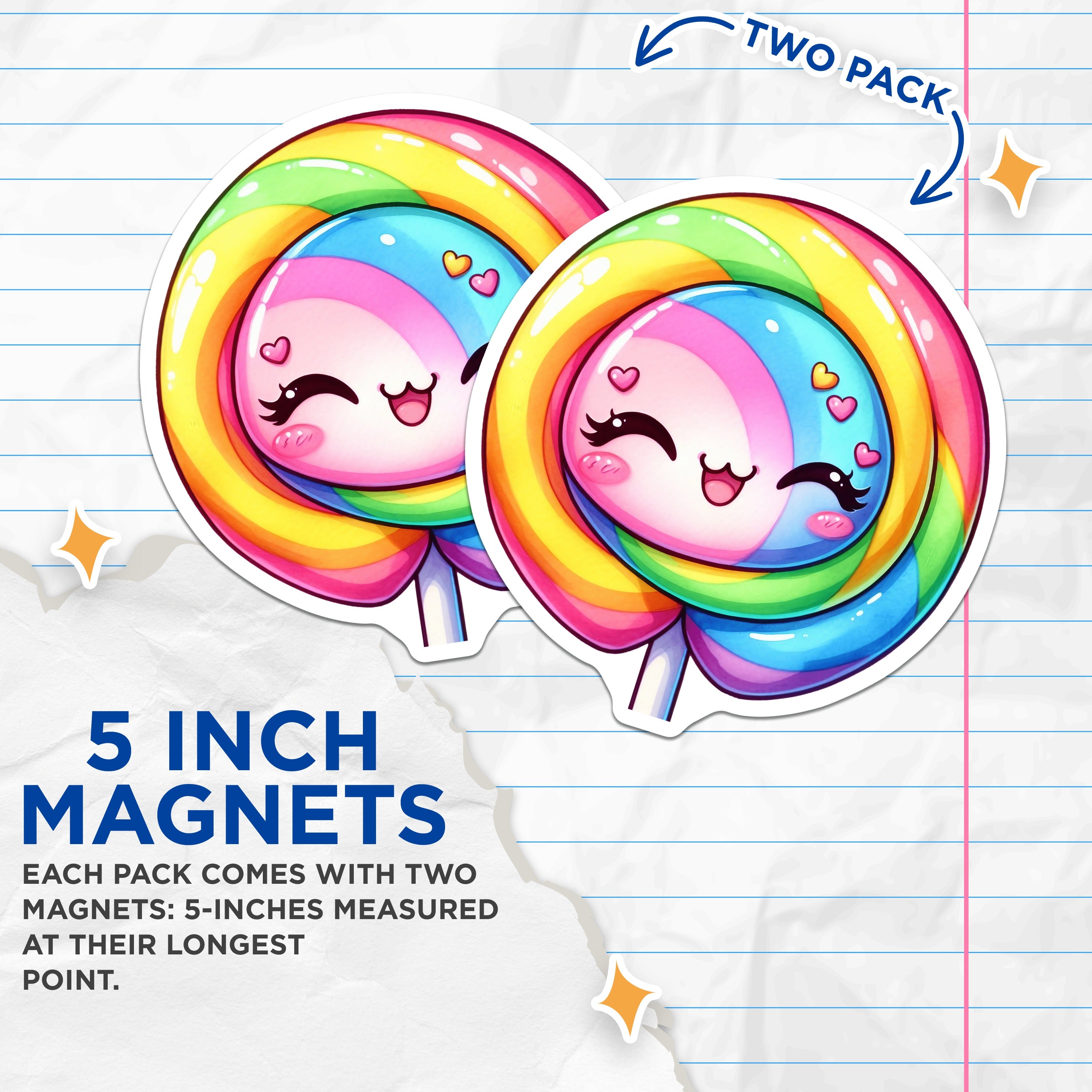 (2 Pack) Vibrant Kawaii Lollipop Magnets - Rainbow Swirl Candy - Cute Sweet Decor - Aesthetic Fridge Art - 5 Inches On Longest Side - Thick Durable Magnet - Made in USA - MAG37657