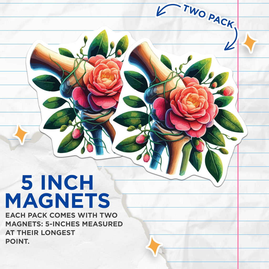 (2 Pack) Floral Bone Anatomy Magnets - Anatomical Camellia Flower Art - Unique Gothic Botanical Decor - 5 Inches On Longest Side - Thick Durable Magnet - Made in USA - MAG19839