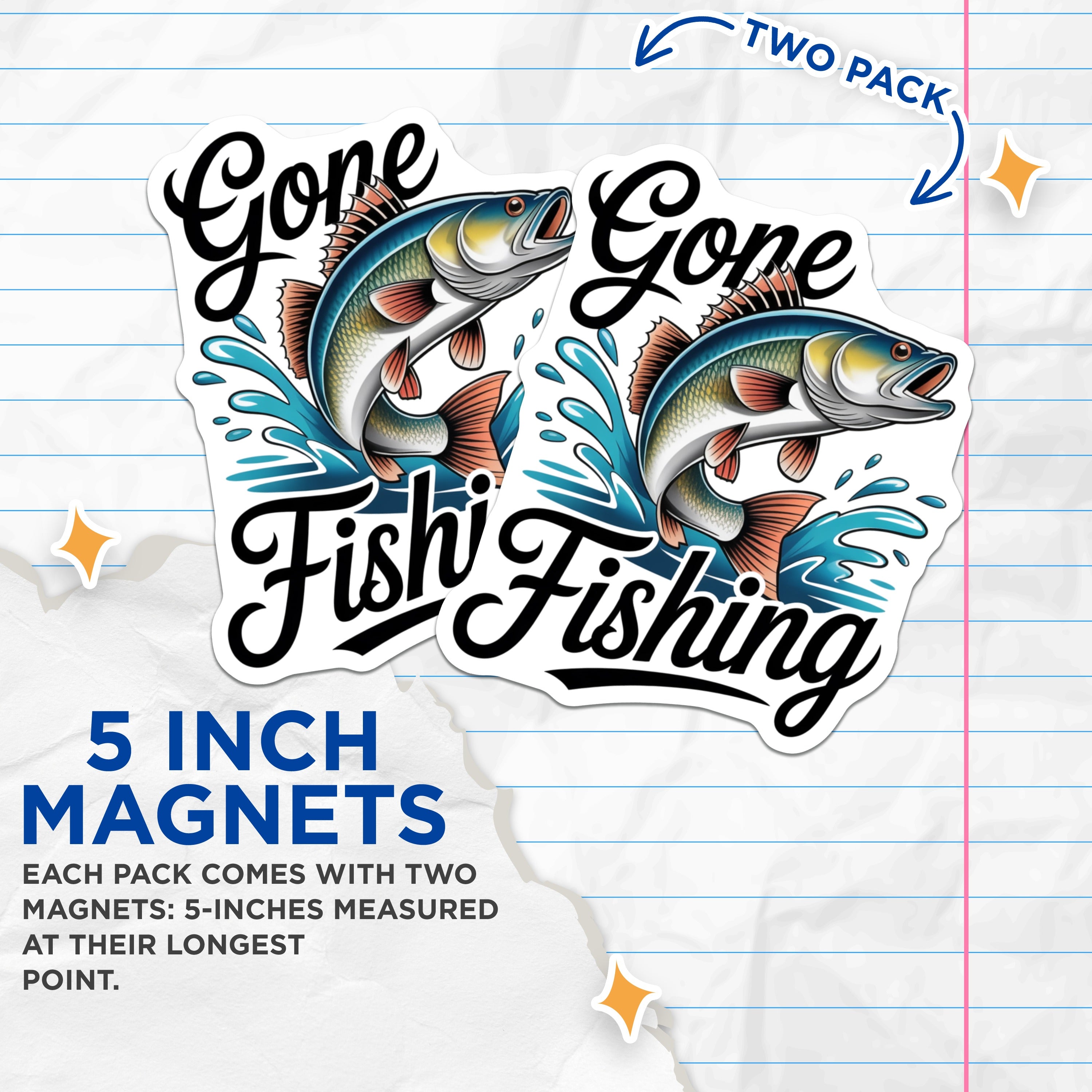 (2 Pack) Gone Fishing Magnets - Fishing Enthusiast - Angler Humor - Dad Fisherman Decor - Lake House Cabin Fridge - 5 Inches On Longest Side - Thick Durable Magnet - Made in USA - MAG39624