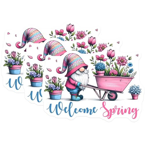(3 Pack) Spring Gnome Decals - Welcome Spring Stickers - Gnome Wheelbarrow Flowers - 3 Inches On Longest Side - Easy Peel & Apply - Made in USA - 3MCS6761