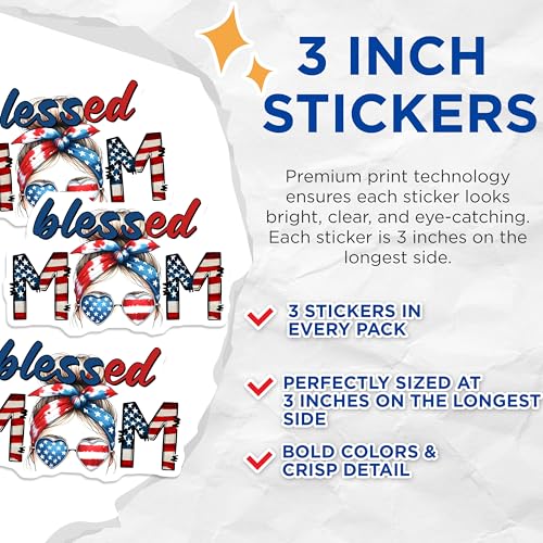 (3 Pack) Blessed Mom Decals - Patriotic Mama Decal - American Flag Decals - 3 Inches On Longest Side - Easy Peel & Apply - Made in USA - 3MCS6219