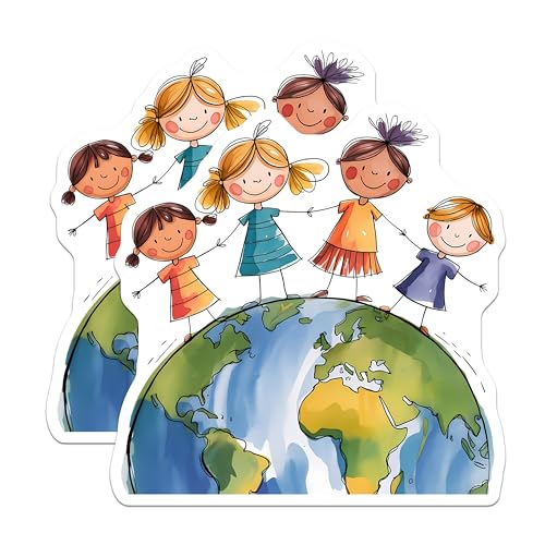 (2 Pack) Cute Kids World Stickers - Children Around The Globe - Fun Earth Cartoon - 5" On Longest Side - Sticks to Smooth Flat Surfaces - Made in USA - BMCS8441