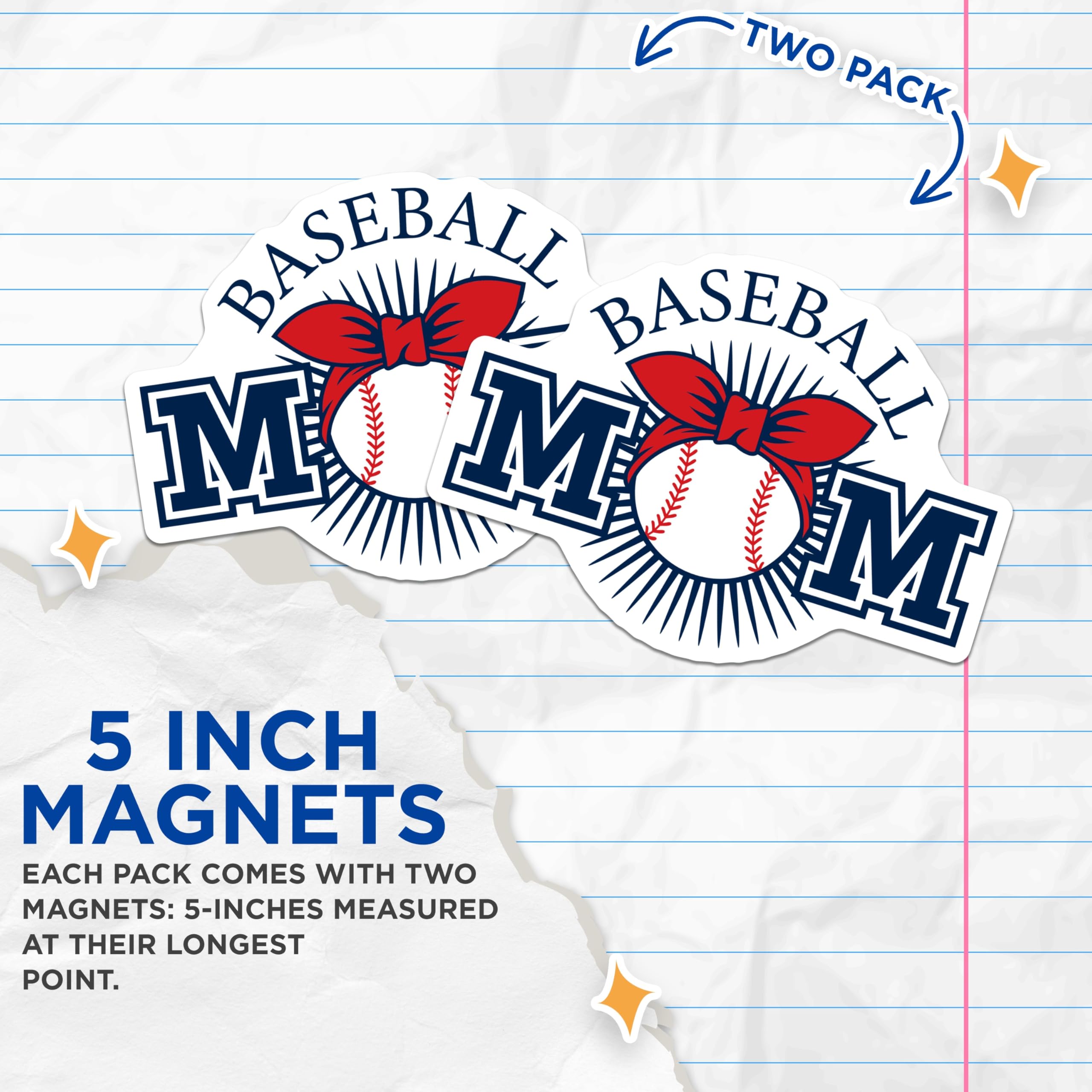 (2 Pack) Baseball Mom Magnets - Sports Mom Decor - Team Mom Fan Magnet - 5" On Longest Side - Premium Magnet - for Cars, Refrigerators, Toolboxes, Lockers - Made in USA - MAG17407