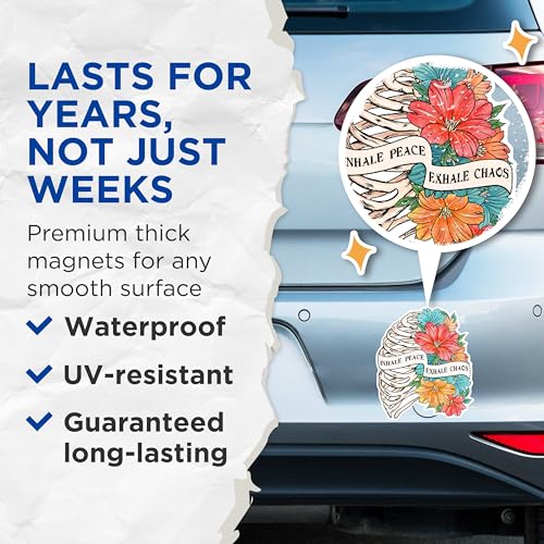 (2 Pack) Inhale Peace Exhale Chaos Magnets - Floral Skeleton Magnets - Inspirational Quotes Magnets for Home Decor- 5" On Longest Side - for Fridges, Toolboxes, Cars - Made in USA - MAG3004