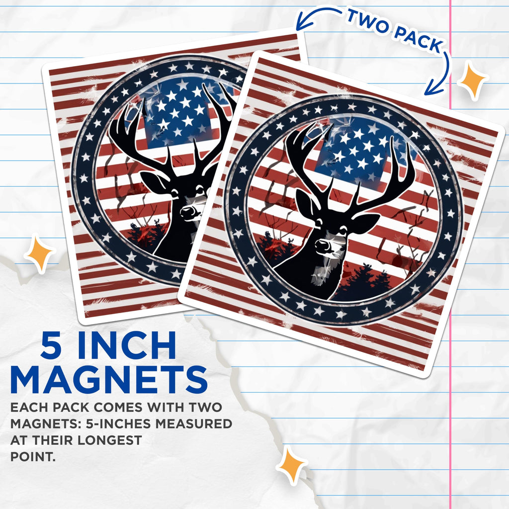 (2 Pack) Patriotic Deer Magnets - American Flag Buck Decor - Hunting Cabin Fridge Accessories - 5 Inches On Longest Side - Thick Durable Magnet - Made in USA - MAG19652