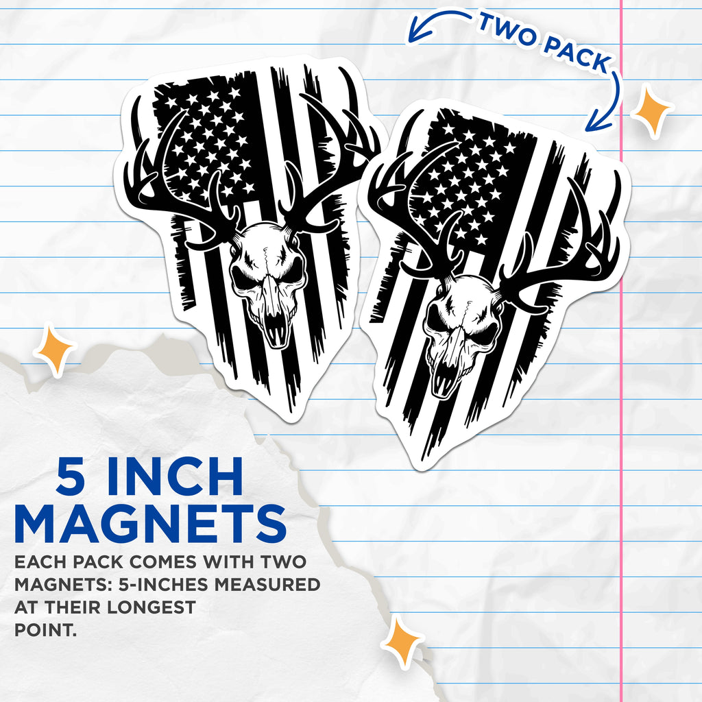 (2 Pack) American Flag Deer Skull Magnets - Hunter Outdoorsman Decor - Patriotic Truck Fridge Man Cave - 5 Inches On Longest Side - Thick Durable Magnet - Made in USA - MAG39251