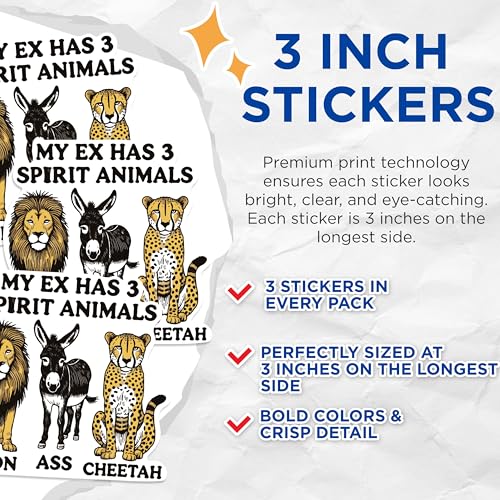 (3 Pack) My Ex Has Spirit Animals Decals - Funny Animal Lover Decals - Sarcastic Relationship Decal - 3 Inches On Longest Side - Easy Peel & Apply - Made in USA - 3MCS0959