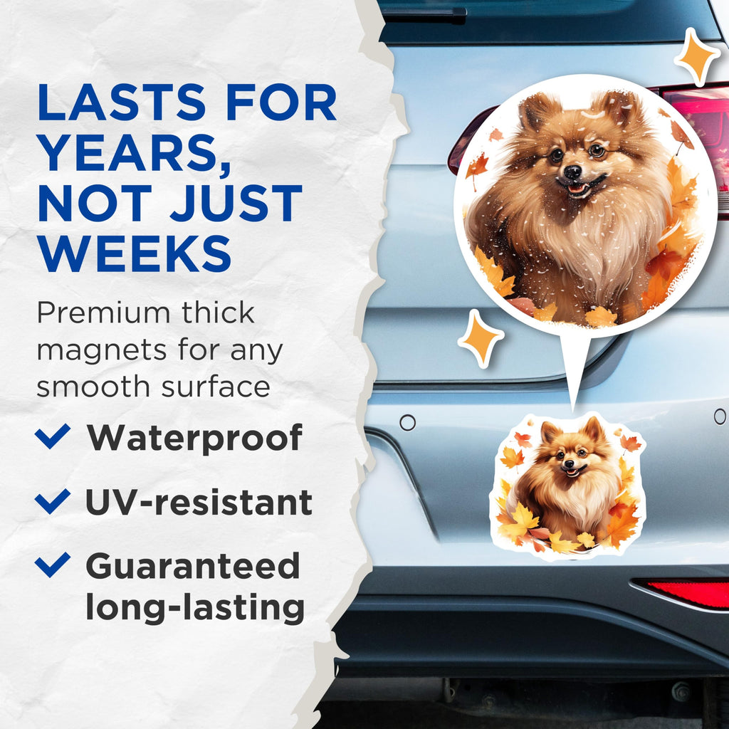 (2 Pack) Pomeranian Dog Magnets - Autumn Leaves Pet Decor - Happy Dog Art - Seasonal Refrigerator Accents - 5 Inches On Longest Side - Thick Durable Magnet - Made in USA - MAG23444