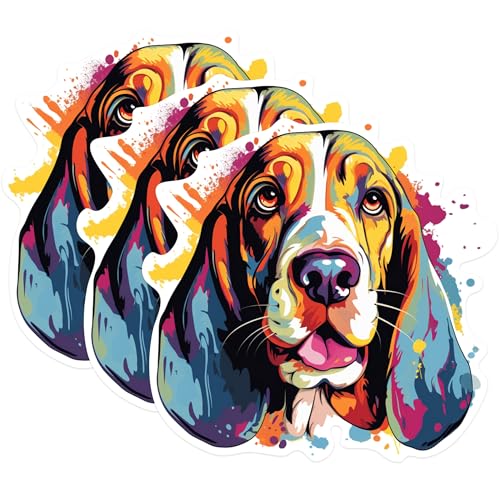 (3 Pack) Basset Hound Decals - Colorful Dog - Laptop Decal - 3 Inches On Longest Side - Easy Peel & Apply - Made in USA - 3MCS0641