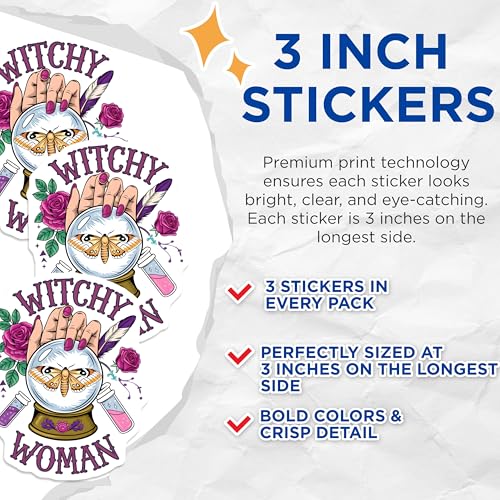 (3 Pack) Witchy Woman Decals - Moth Crystal Ball - Mystical Laptop Decals- 3 Inches On Longest Side - Easy Peel & Apply - Made in USA - 3MCS5382
