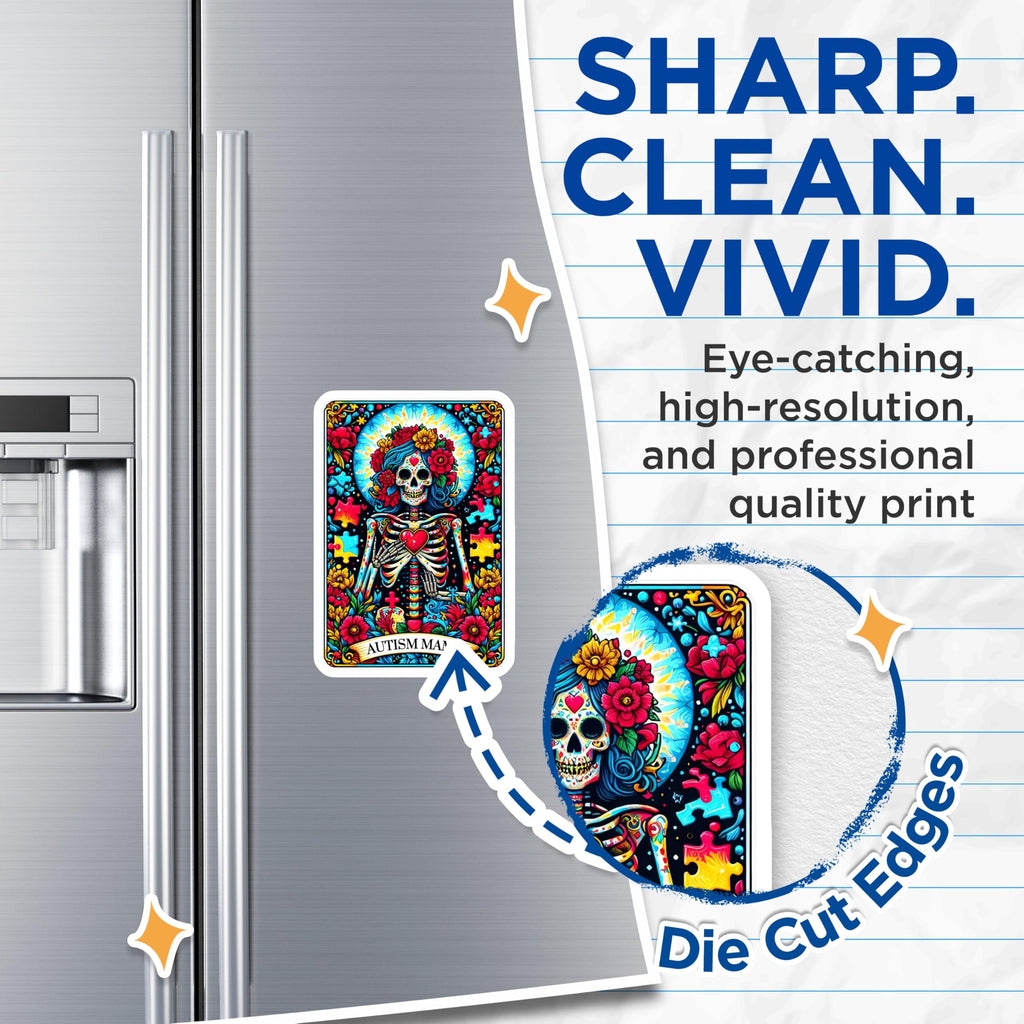 (2 Pack) Autism Mama Magnets - Dia de Los Muertos Skeleton Art - Neurodiversity Awareness Decor - 5 Inches On Longest Side - Thick Durable Magnet - Made in USA - MAG23971