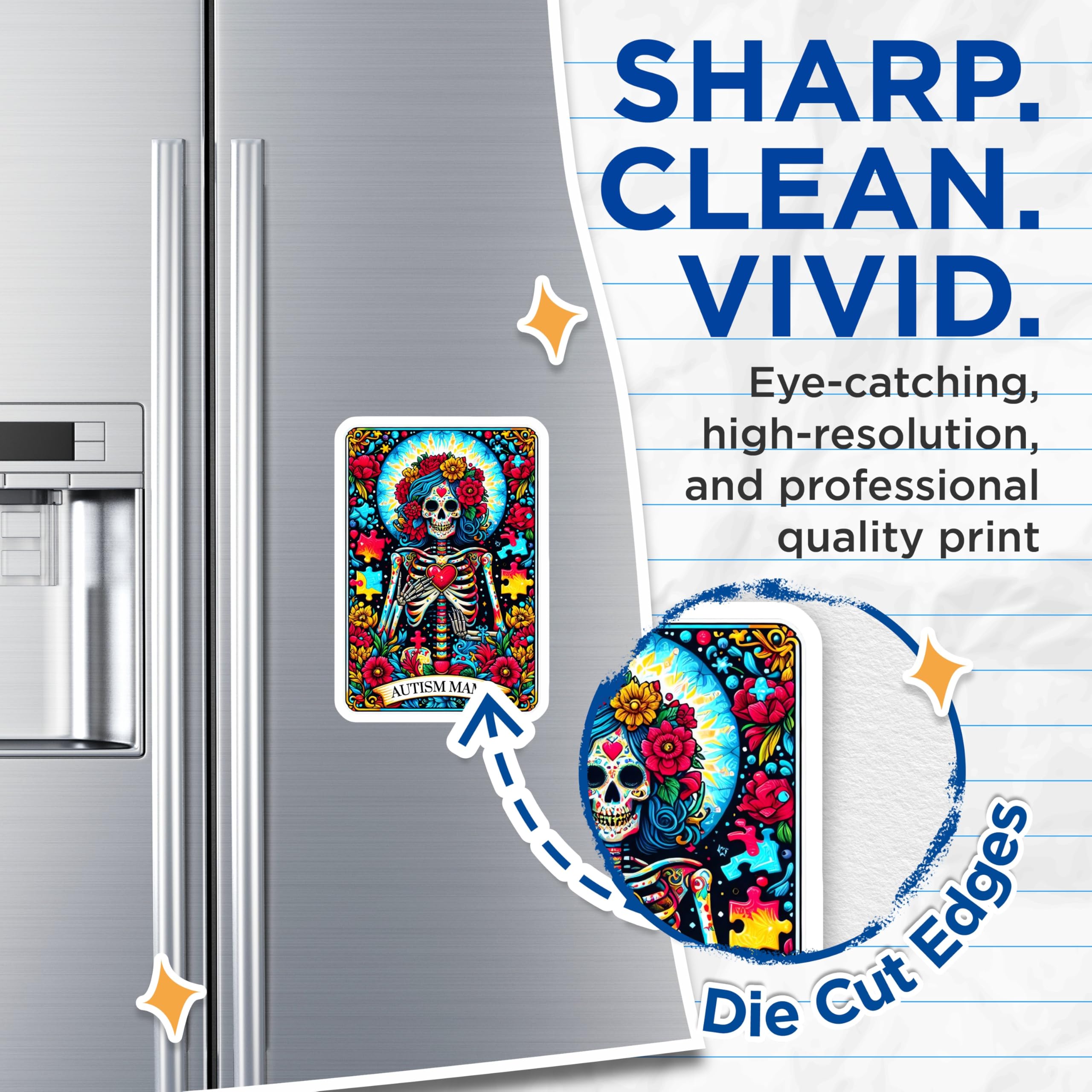 (2 Pack) Autism Mama Magnets - Dia de Los Muertos Skeleton Art - Neurodiversity Awareness Decor - 5 Inches On Longest Side - Thick Durable Magnet - Made in USA - MAG23971