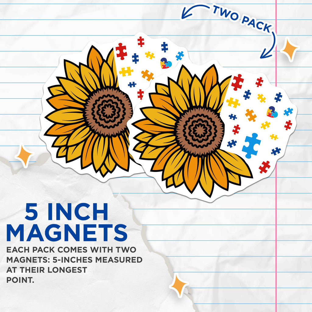(2 Pack) Autism Awareness Sunflower Magnets - Puzzle Piece Neurodiversity Support - Special Ed Advocate Decor - 5 Inches On Longest Side - Thick Durable Magnet - Made in USA - MAG38977