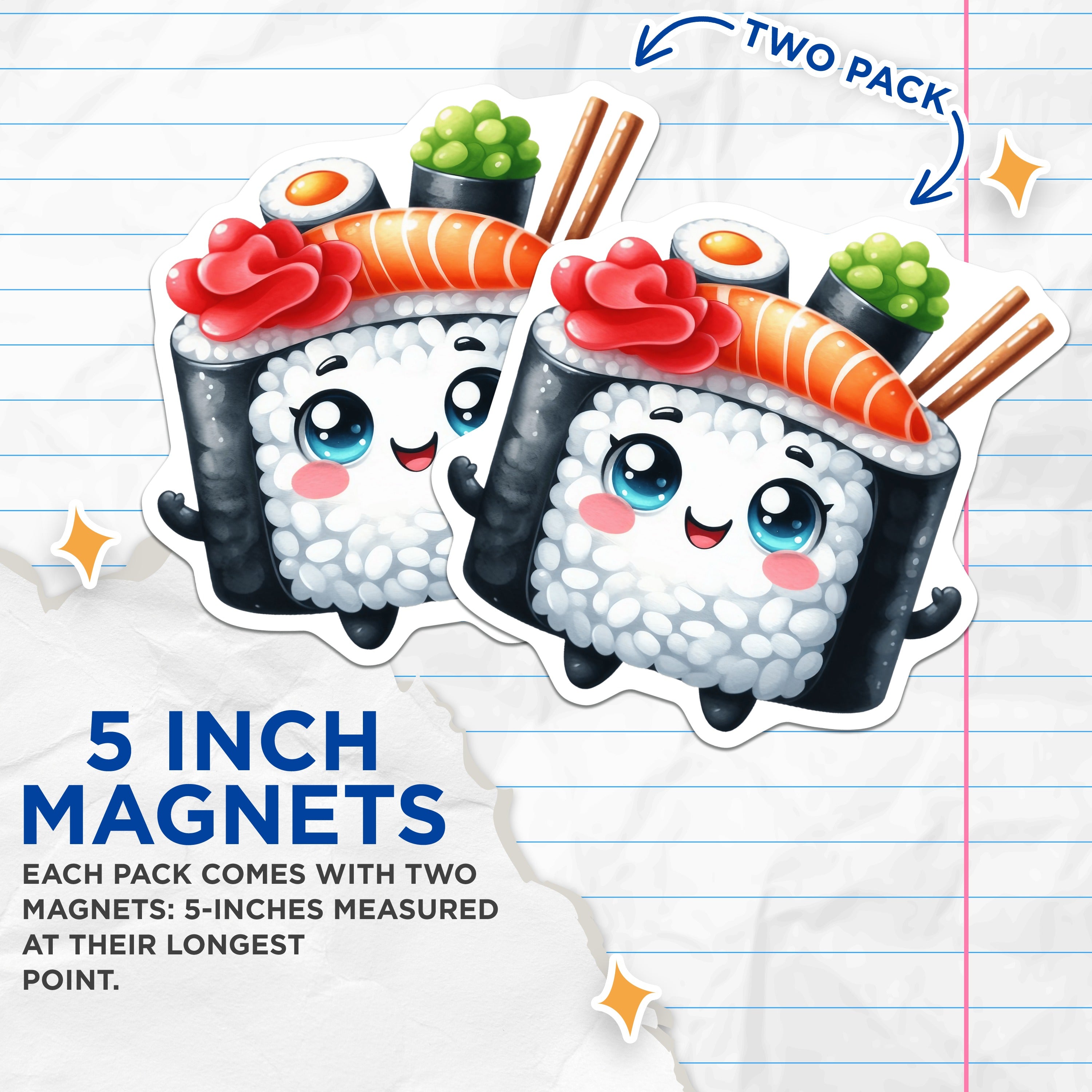 (2 Pack) Cute Sushi Magnets - Kawaii Foodie Refrigerator Decor - Adorable Anime Kitchen Accessories - 5 Inches On Longest Side - Thick Durable Magnet - Made in USA - MAG38555